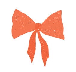 Hand drawn cute crayon red bow. Minimalist bowknot for wedding, birthday, christmas cards, poster, gift, invitation. Vintage minimalist coquette element. Whimsical doodle isolated vector illustration.