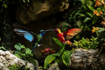 Naklejka premium Two hummingbirds in flight one iridescent blue green and black the other red orange yellow feeding in tropical foliage
