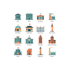 City Buildings Icon Set Including Bank, Office, Shop, Hotel, Airport Tower, Factory and House Illustration