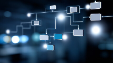 Business process optimization workflow visualization, heavily defocused corporate background, efficiency improvement representation, systematic advancement concept, operational exc