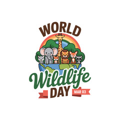 World Wildlife Day Illustration with Cute Wild Animals, Earth and Rainbow