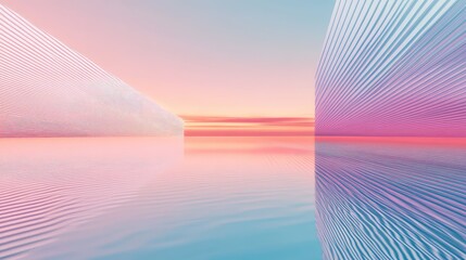 Abstract architectural surfaces featuring wavy lines reflecting in a calm, gradient pastel water surface under a serene sky, creating a minimalist and futuristic backdrop