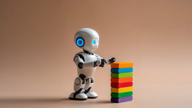 Cute small robot interacts with stack of colorful toy wooden building blocks