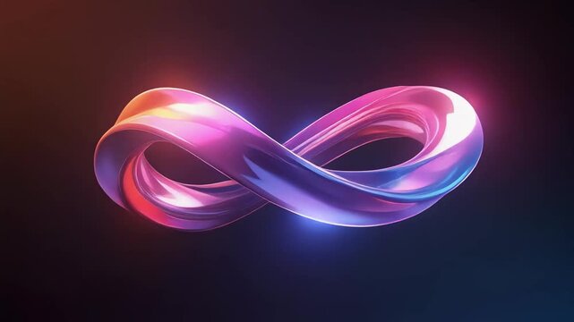 Glowing iridescent infinity symbol with dynamic color shifts rotating on a dark background. Abstract concept of endless creativity.