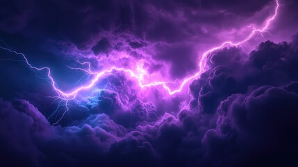 Electric lightning illuminates dark purple and blue storm clouds, creating a powerful and dynamic weather scene representing nature's intense energy and atmospheric drama
