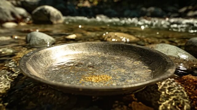 Ultra HD Gold panning in a shallow river with small gold nuggets collected in a metal pan resting on wet river stones and pebbles video