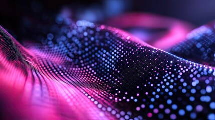Vibrant digital landscape of glowing pink and blue dots forming undulating wave patterns, evoking data flow, network connections, and futuristic technological innovation