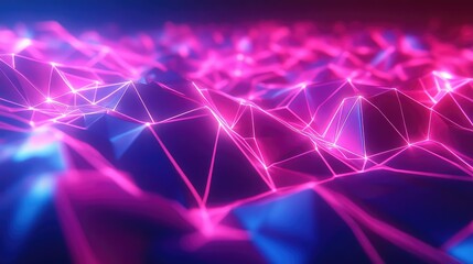 Abstract low poly mesh forming a vibrant purple blue digital landscape with glowing wireframe lines and dots, evoking data connections, cyberspace, ai, blockchain, and futuristic tech