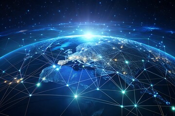 Global network connections on a vibrant blue Earth at night