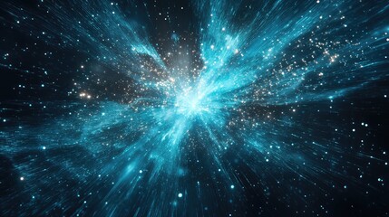 Obraz premium Exploding blue light particles forming a dynamic big bang burst of data and energy, evoking network connections, quantum computing, digital transformation, and cosmic flow