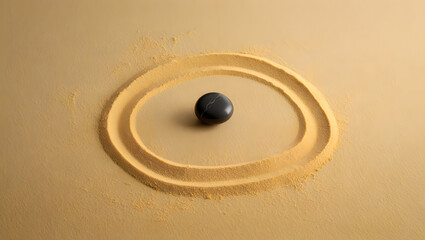 Minimalist composition with a black stone and concentric sand circles creating a calming zen aesthetic