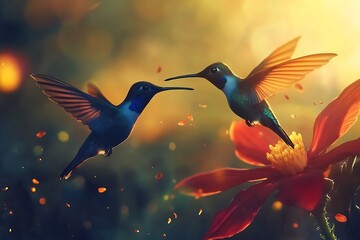 Naklejka premium Two hummingbirds hovering near a red flower one black with blue and orange wings in warm golden light