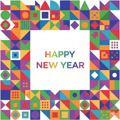 Geometric Happy New Year illustration featuring vibrant shapes forming a decorative frame with a modern artistic style.