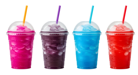 Four Colorful Slushies with Straws in Plastic Cups Isolated on transparent background