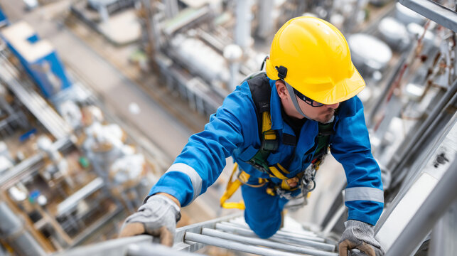 Faceless worker climbing vertical metal ladder on tall industrial tower structure, elevated perspective view, safety harness and protective equipment visible, defocused plant machi