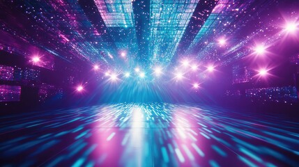 Naklejka premium Abstract background showing bright neon lights and sparkling particles creating a futuristic cyber space, reflecting glowing data streams on a sleek, vibrant platform