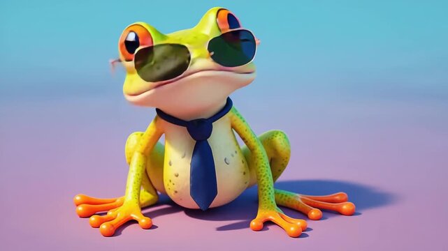 Cool frog character wearing sunglasses and a business tie sitting still against bright pastel background footage