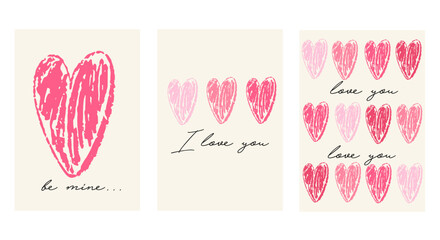 Hand drawn cards with ink hearts. Romantic doodle style background with cute sketch hearts and text. Valentine&rsquo;s Day concept