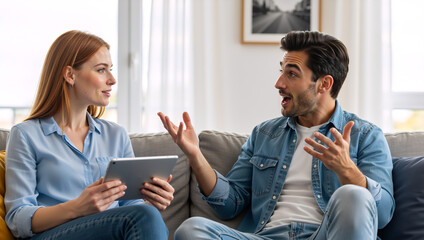 A young couple having an animated conversation on a couch at home. An expressive man talks and gestures while the woman listens holding a tablet