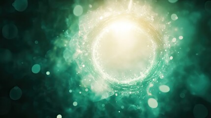 Obraz premium Abstract portal with a bright central light radiating intricate glowing particles and soft bokeh over a dark turquoise background, evoking futuristic digital data and energy flow