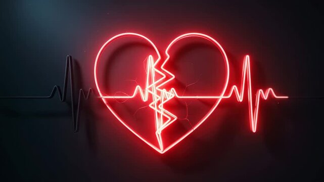 Neon broken heart shape with pulsating medical heartbeat line glowing red against dark background motion graphic