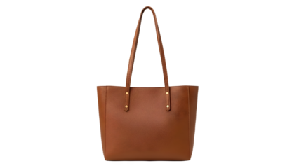 Brown leather tote bag with double handles isolated on transparent background