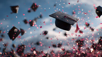 Graduation caps flying in the air with confetti celebrating academic achievement