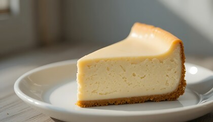 Close-up of a smooth creamy cheesecake slice on a plain white plate.