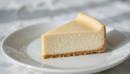 Close-up of a smooth creamy cheesecake slice on a plain white plate.