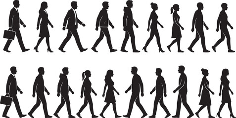 Diverse Walking People Silhouettes: Collection of Male and Female Figures in Business and Casual Attire Moving in Side Profile for Crowds and Movement Concepts.
