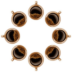 Hand-painted watercolor wreath of coffee cups, ideal for cafe branding, store displays, menu templates, and coffee packaging.