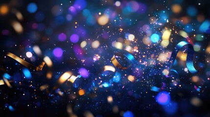 Sparkling ribbons and glitter particles are creating a vibrant, luminous background with colorful bokeh lights, perfect for celebrations, holidays, and abstract festive designs