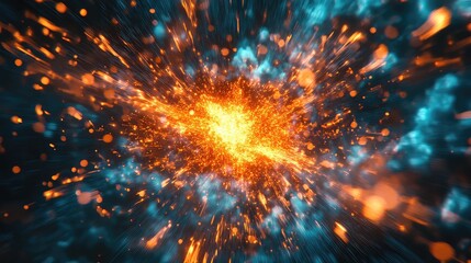 Dynamic burst of orange red particles and light radiating outward across a swirling blue dark background, conveying energy, motion, and powerful cosmic creation in vivid color