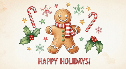 Gingerbread Man with Scarf and Candy Canes in Festive Holiday Illustration with Bright Colors and Vintage Texture for Seasonal Greeting Cards