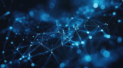 Abstract blue digital network connecting dots and lines representing data communication, global connections, and technological innovation in a futuristic context
