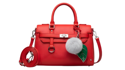 Red leather handbag with decorative charm and strap isolated on transparent background
