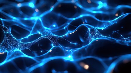 Abstract network structure with glowing blue lines and dots dynamically illustrating intricate data connections, artificial intelligence, and digital communication technology
