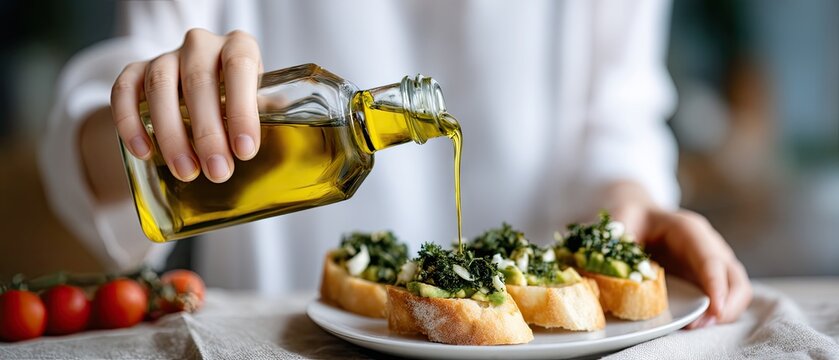 Hands pouring olive oil on bruschetta with avocado and tomato sandwich on kitchen table while blurred woman cooks in the background at home