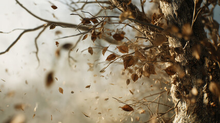 close up view of a wilted tree with dry leaves falling
