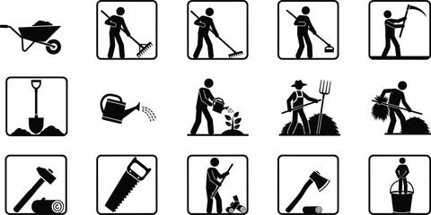 Gardening and farming tools silhouette set, people working outdoors with rake shovel watering plants, minimal black icons on white background © LineArt Haven