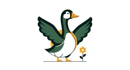 Obraz premium Stylized duck illustration with open wings and a flower against a white background