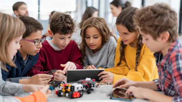 Creative kids collaborating on robotics project in modern classroom setting