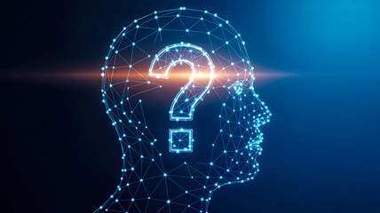 Digital head profile made of glowing blue nodes and lines with illuminated question mark at center on dark background