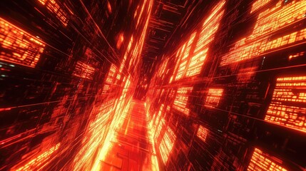 Digital network tunnel showing fast moving glowing data, representing information transfer and a futuristic cyberspace journey through interconnected systems and artificial intelligence