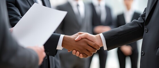 Businessman offering handshake in office with documents, representing work-from-home concept during modern business meeting