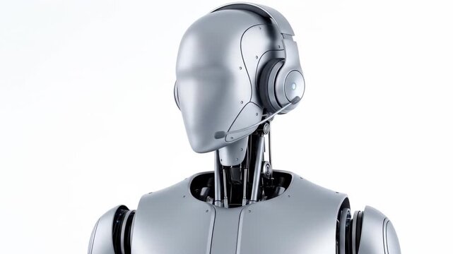 Futuristic Support: Robot Customer Service Agent Rotating on a White Background