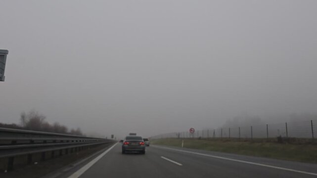 Prague,Czech Republic-14.01.2026: Time warp video of a car driving on the D1 highway between Humpolec and Jihlava, showing accelerated motion, traffic flow, and long distance road transport in central