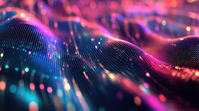 Glowing particles forming an iridescent undulating surface, symbolizing complex digital data flow, interconnected networks, and advanced technology concepts in an abstract illustration