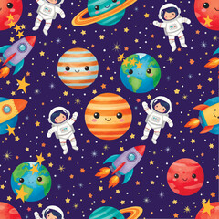 Cute watercolor space seamless pattern. Kids background with astronauts, rockets, smiling planets and stars on dark blue. Nursery textile print design. Endless vector texture.