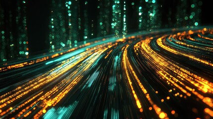 Abstract rendering showing illuminated particles streaming along curving paths, representing the intricate flow of information and high speed data transfer within a global technology network